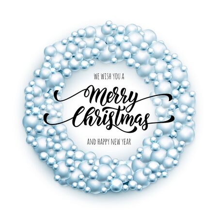 Merry Christmas wreath of glass balls ornament decoration ball garland. Light Blue Christmas text We wish you Merry Christmas, Happy New Year. Xmas lettering for greeting card, poster, backgroundのイラスト素材