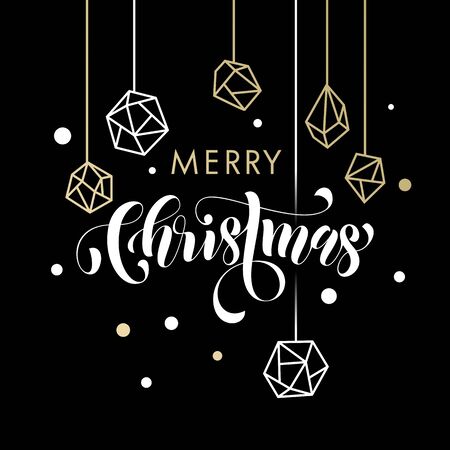 Merry Christmas gold glitter gilding geometric gem crystal ornaments decoration. Christmas greeting modern trend card, poster lettering design. Vector golden glittering gilt balls baubles backgroundのイラスト素材