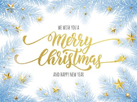 Merry Christmas, Happy New Year greeting card, poster template of pine and fir christmas tree branches, golden stars, bauble balls, ornament decorations. Calligraphy lettering textのイラスト素材