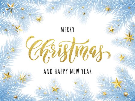Merry Christmas, Happy New Year greeting card, poster template of pine and fir christmas tree branches frost, golden stars, bauble balls, ornament decorations. Calligraphy lettering textのイラスト素材