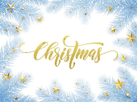 Christmas greeting card, poster template of pine and fir christmas tree branches, golden stars, bauble balls, ornament decorations. Calligraphy lettering textのイラスト素材