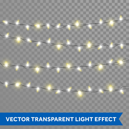 Christmas lights. Vector isolated realistic glowing garland threads of golden lamp lights. Christmas, New Year party decoration design elementsのイラスト素材