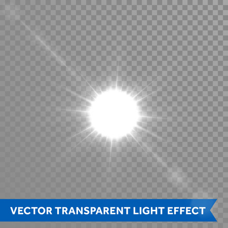 Bright sun light effects. Glow star sun flash explosion. Vector ray glow light with lens flareのイラスト素材
