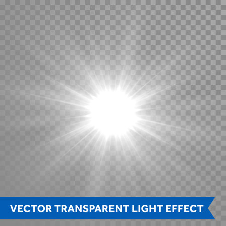 Shining and glowing sun light effects. Vector star sun flash explosion. Ray glow light with lens flareのイラスト素材
