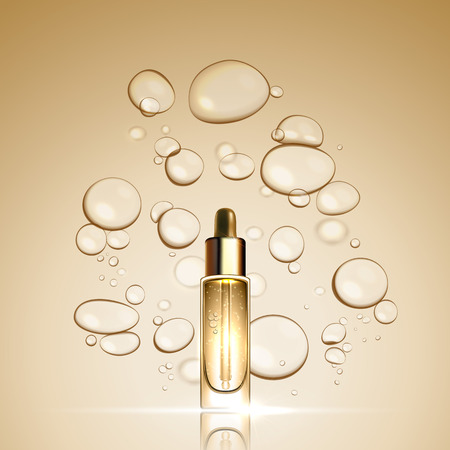 3D Gold serum essence oil bottle on bubble liquid effect background. Premium skin care treatment ad concept template. Vector gold water oil bubbles illustration