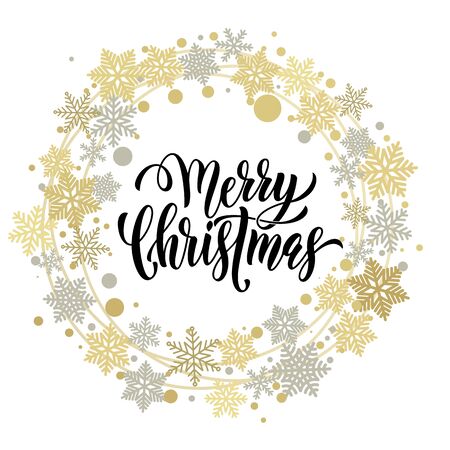 Christmas ornaments and decorations of golden stars, snowflakes, wreath Merry Christmas calligraphic lettering text for holiday greeting card designのイラスト素材