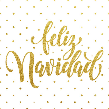 Spanish text for Merry Christmas greeting. Feliz Navidad card with golden calligraphic lettering design and gold foil dotted backgroundのイラスト素材