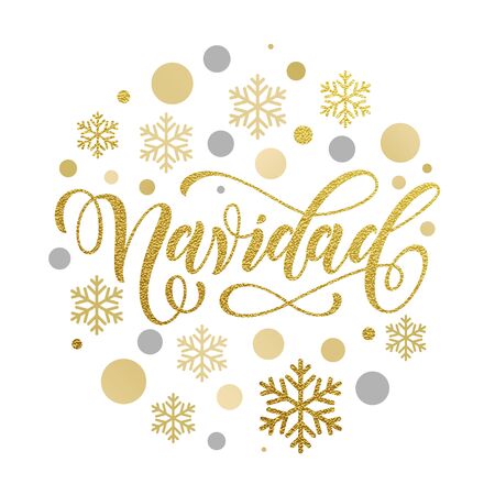 Christmas in Spanish greeting. Navidad card with golden and silver Christmas ornaments decoration of snowflakes. Calligraphic lettering design on white backgroundのイラスト素材