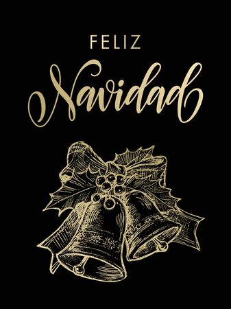 Spanish greeting Feliz Navidad Merry Christmas gold bell ornament decoration with holly bow tie. Vector golden glittering lettering on black backgroundのイラスト素材
