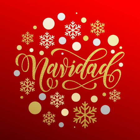 Christmas in Spanish Navidad gold calligraphy lettering. Luxury red greeting card with golden and silver Christmas ornaments decoration of snowflakesのイラスト素材