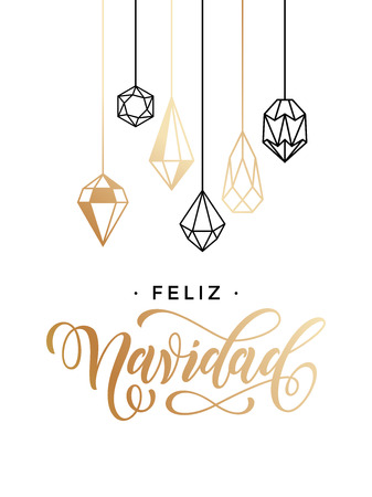 Spanish Merry Christmas Feliz Navidad greeting cards with gold glitter crystal ornaments on white festive background. Calligraphy letteringのイラスト素材
