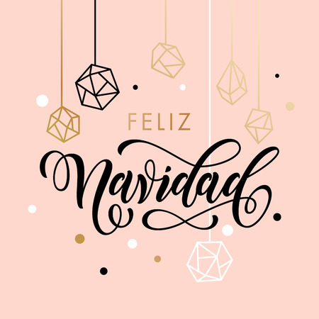 Spanish Merry Christmas Feliz Navidad greeting card with calligraphy lettering and gold glitter crystal ornaments on pink backgroundのイラスト素材