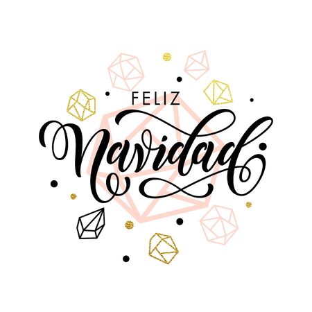Spanish Merry Christmas Feliz Navidad greeting cards with gold glitter crystal ornaments on white festive background. Calligraphy letteringのイラスト素材
