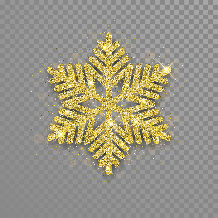 Snowflake with gold glitter texture. Christmas, New Year golden glittering ornament decoration on black background with shining sparkling light effect.のイラスト素材
