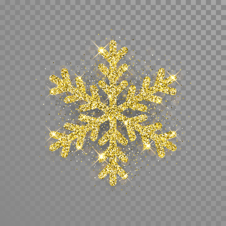 Snowflake of golden glitter particles texture. Shining Christmas snowflake isolated ornament decoration for New Year greeting card, poster on transparent backgroundのイラスト素材