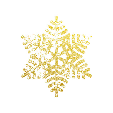 Golden shining snowflake covered with glitter. Christmas decoration with shining sparkling light effect. Vector isolated icon. New Year golden glittering ornament on white backgroundのイラスト素材