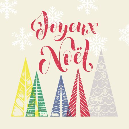 Winter background for French Christmas Joyeux greeting card. Joyeux Noel in France holiday Merry Christmas greeting card text with pine tree forest in geometric shape. Snowflakes pattern backgroundのイラスト素材