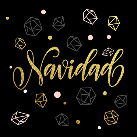 Spanish Christmas decorative background gold ornaments card. Vector christmas in Spain winter pattern of winter golden and silver crystal glittering ornaments. Merry Christmas calligraphyのイラスト素材