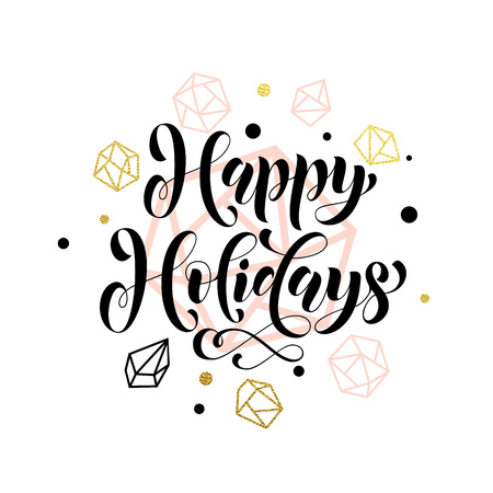 Gold lettering for greeting card for winter holidays. Happy Holidays greeting text with Christmas, New Year decoration background. Vector pattern of winter golden and silver crystal ornamentsのイラスト素材