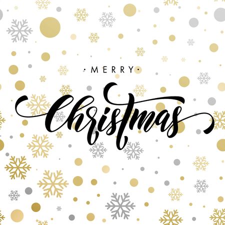 Ornaments and decorations of gold for Christmas holiday. Merry Christmas calligraphy with modern background for greeting cardのイラスト素材