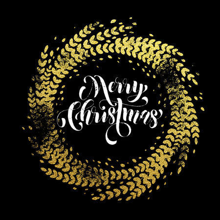 Merry Christmas gold greeting card. Golden sparkling decoration leaf wreath ornament of circle of and text calligraphy lettering. Festive background for Christmas decorative designのイラスト素材