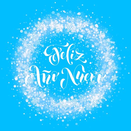 Spanish New Year Feliz Ano Nuevo. Wreath ornament decoration of sparkle glitter golden snowflakes stars pattern. Blue light vector background. Christmas decorative text calligraphy letteringのイラスト素材