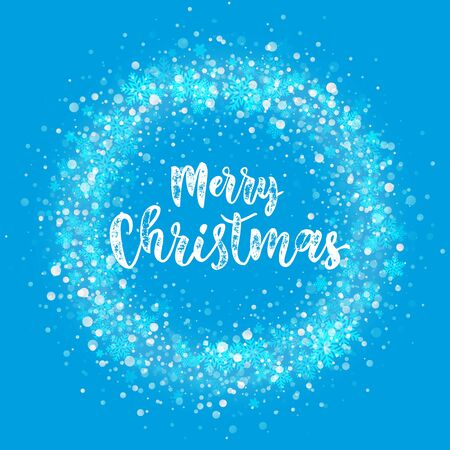 Wreath ornament decoration of sparkle glitter golden snowflakes stars pattern. Blue light glow vector background. Merry Christmas decorative text calligraphy lettering. Festive glittering gold snow.のイラスト素材