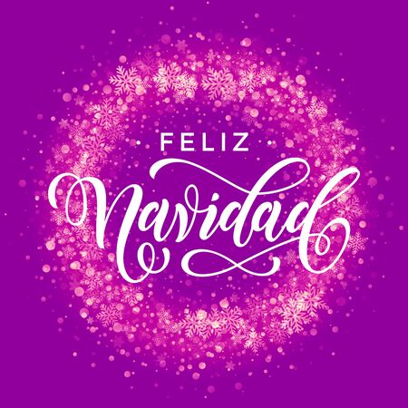 Spanish Merry Christmas Feliz Navidad . Wreath ornament decoration of sparkle glitter golden snowflakes stars pattern. Merry Christmas decorative text lettering. Light glow yellow backgroundのイラスト素材