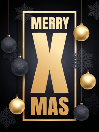 Golden decoration ornament with Christmas ball on vip black background with snowflake pattern. Premium luxury Christmas background for holiday greeting card. Gold calligraphy lettering Merry Christmasのイラスト素材