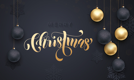 Gold calligraphy lettering Merry Christmas. Golden decoration ornament with Christmas ball on vip black background with snowflake pattern. Premium luxury Christmas background for holiday greeting cardのイラスト素材