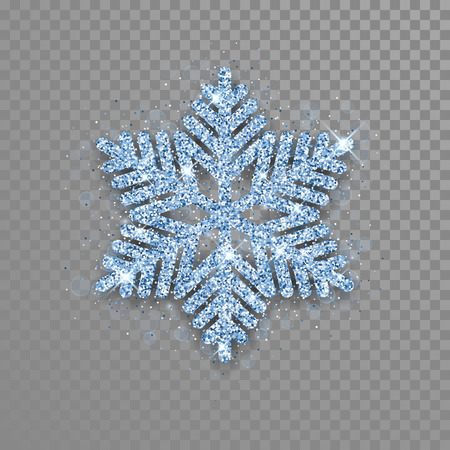 Snowflake with gold glitter texture. Christmas, New Year golden glittering ornament decoration on black background with shining sparkling light effect. Vector isolated icon on transparent backgroundのイラスト素材