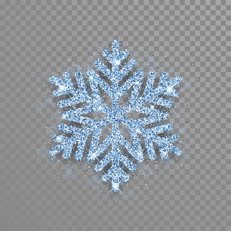 Golden shining snowflake covered with glitter. Christmas decoration with shining sparkling light effect. Vector isolated icon. New Year golden glittering ornament on transparent backgroundのイラスト素材