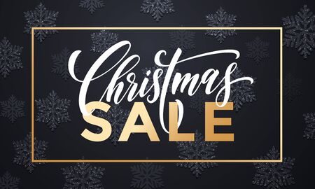 Premium luxury Christmas Sale background with golden text, snowflakes pattern and gold glitter frame border. Special vip retail offer banner, poster, placardのイラスト素材