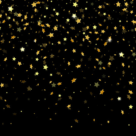 Golden paper foil sequins falling down isolated on black background. Vector gold star confetti rain festive holiday backgroundのイラスト素材