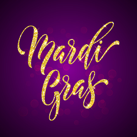 Mardi Gras gold glitter calligraphy. Masquerade carnival lettering. Australian traditional Sydney Mardi Gras pride parade or American New Orleans Louisiana Fat Tuesday celebration poster greeting cardのイラスト素材