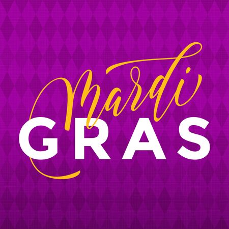 Mardi Gras gold glitter calligraphy on harlequin purple pattern background. Masquerade carnival lettering. Australian Sydney Mardi Gras parade or American New Orleans Louisiana Fat Tuesday posterのイラスト素材