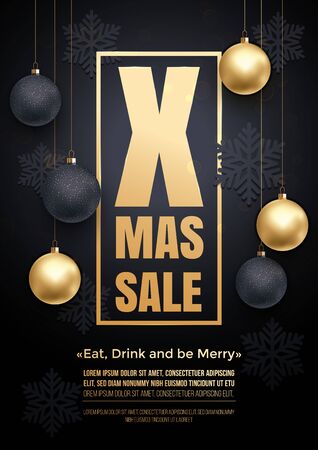 Christmas Sale gold text poster with ball ornament decorations and Xmas premium luxury background with snowflakes pattern, gold glitter. Retail offer banner, poster with frameのイラスト素材