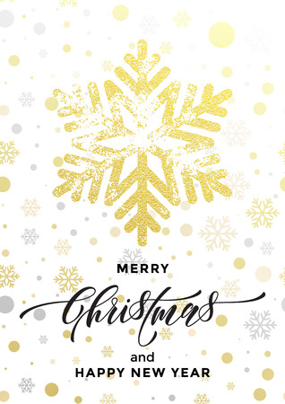 Golden snowflake of glitter for Merry Christmas, Happy New Year greeting card. Gold glittering snow balls decoration pattern on white background. Hand drawn calligraphy lettering for holidayのイラスト素材
