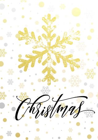 Snowflake of gold glitter for Merry Christmas holiday greeting card. Hand drawn calligraphy lettering with golden glittering snow balls pattern on white background. Decorative luxury premium designのイラスト素材