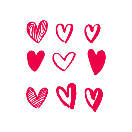 Valentine Day hearts pattern. Vector isolated heart valentines art for 14 February love celebration. Marker or felt-tip pen sketch drawing. Romantic red pink symbols set. Greeting card design elementのイラスト素材