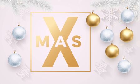 Premium luxury Christmas background for holiday greeting card. Golden decoration ornament with Christmas ball on vip white background with snowflake pattern. Gold calligraphy lettering Merry Christmasのイラスト素材