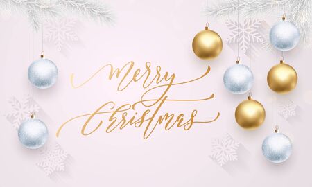 Gold calligraphy lettering Merry Christmas. Golden decoration with Christmas ball on vip white background with snowflake pattern. Premium luxury Christmas ornament for holiday greeting cardのイラスト素材