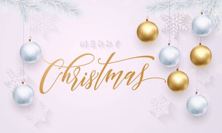 Premium luxury Christmas white background for holiday greeting card. Golden decoration ornament with Christmas ball on vip snowflake pattern. Gold calligraphy lettering Merry Christmasのイラスト素材
