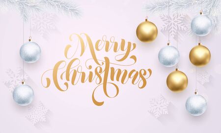 Gold calligraphy lettering Merry Christmas. Golden decoration ornament with Christmas ball on vip white background with snowflake pattern. Premium luxury Christmas holiday greeting cardのイラスト素材