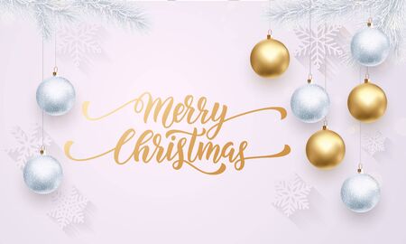Golden decoration ornament with Christmas ball on vip white background with snowflake pattern. Premium luxury Christmas holiday greeting card. Gold calligraphy lettering Merry Christmasのイラスト素材