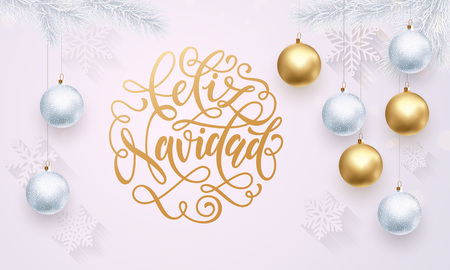 Spanish Merry Christmas Feliz Navidad golden decoration ornament with Christmas ball on vip white background with snowflake pattern. Premium luxury Christmas holiday greeting card. Gold calligraphyのイラスト素材