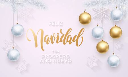 Spanish Merry Christmas Feliz Navidad gold calligraphy lettering. Golden decoration ornament with Christmas ball on vip white background snowflake pattern. Premium luxury Christmas holiday greetingのイラスト素材