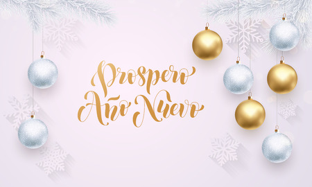 Spanish New Year Prospero Ano Nuevo golden decoration ornament with Christmas ball on vip white background with snowflake pattern. Premium luxury Christmas holiday greeting card. Gold calligraphyのイラスト素材