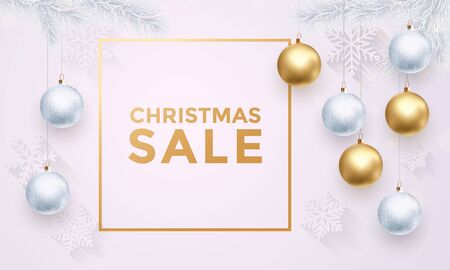 Christmas Sale gold text poster with ball ornament decorations and Xmas premium luxury white background with snowflakes pattern, gold glitter. Winter retail offer banner, poster with frameのイラスト素材
