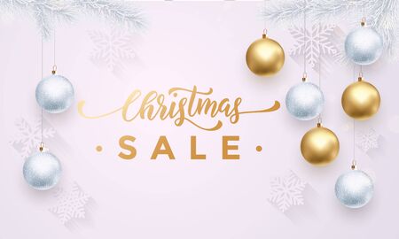 Sale banner white background for Christmas shopping sale. Gold glittering text calligraphy with snowflakes pattern. Winter design with for store or shop promo offerのイラスト素材
